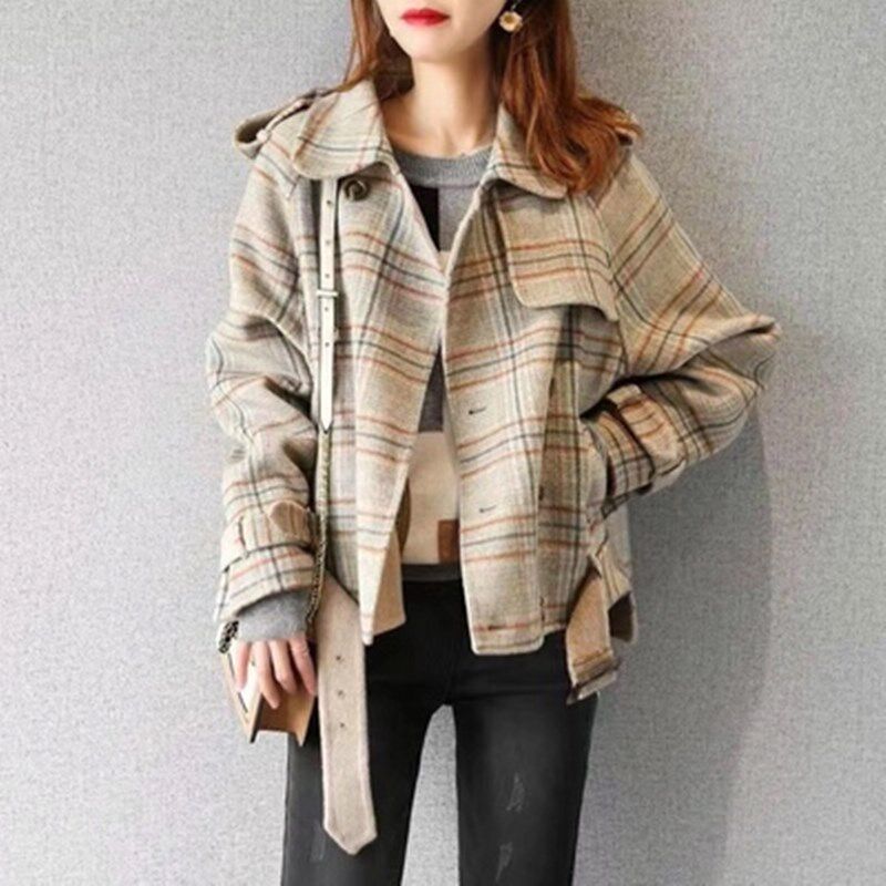 European Standing Plaid Fur Coats Women Short small square collar 2021 Fall new loose Conspicuer Skinny Blouses