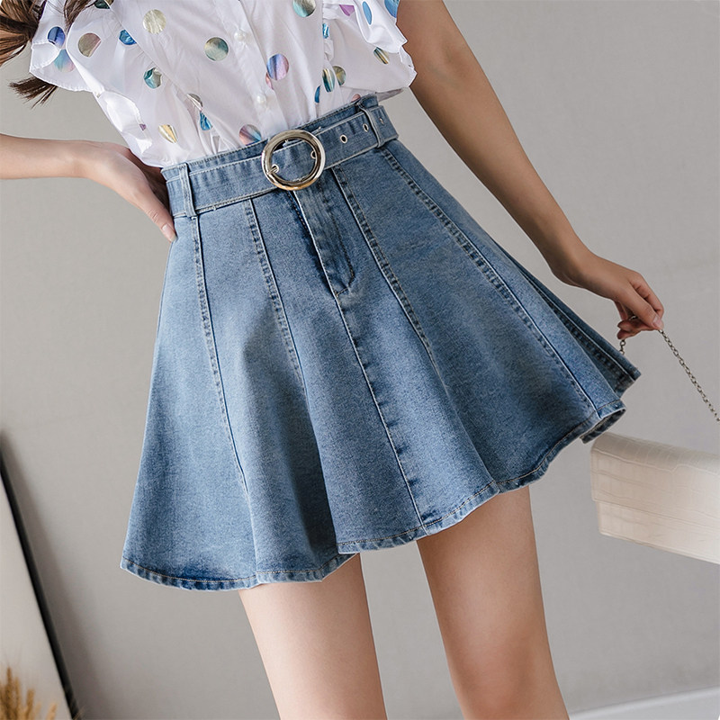 Europe Station 2021 Spring Summer New Denim Half Body Dress Woman High Waist Umbrella Skirt Small Sub A Character Short Skirt Anti-Walking Light Skirt
