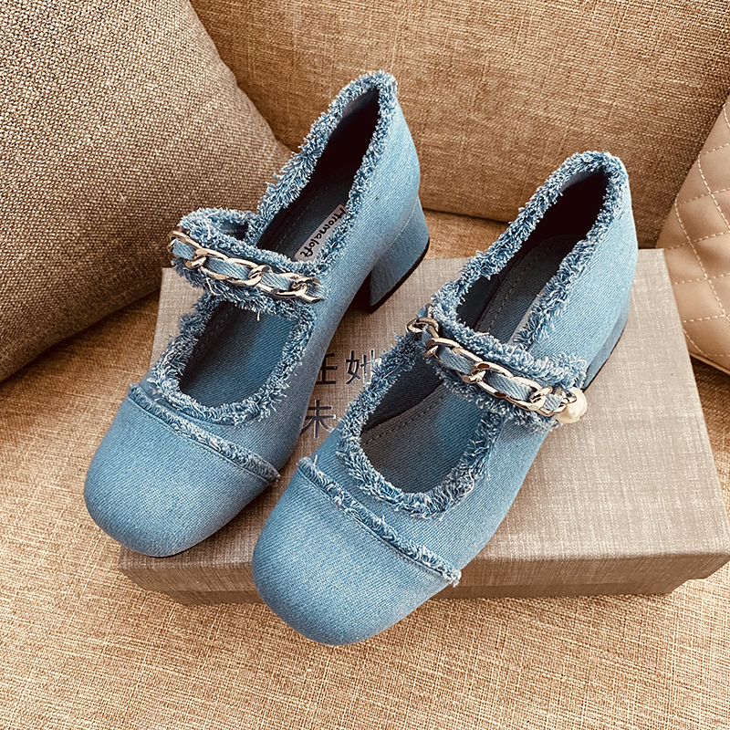 2022 autumn new retro Mary Jane women's shoes round toe thick heel flat shoes MIU* denim blue 40 large size 41