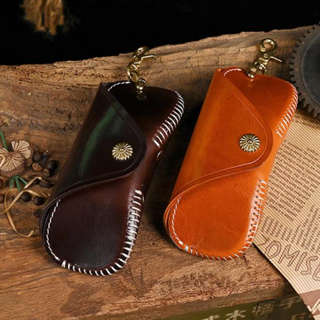 Handmade Vintage Glasses Case Italian Vegetable-Tanned Leather Sunglasses Storage Box Portable Imitation First-Layer Cowhide Glasses Bag