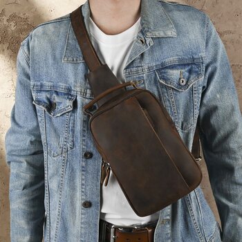 New men's genuine leather retro chest bag, crazy horse leather sports crossbody bag, first layer cowhide leather shoulder trend motorcycle bag