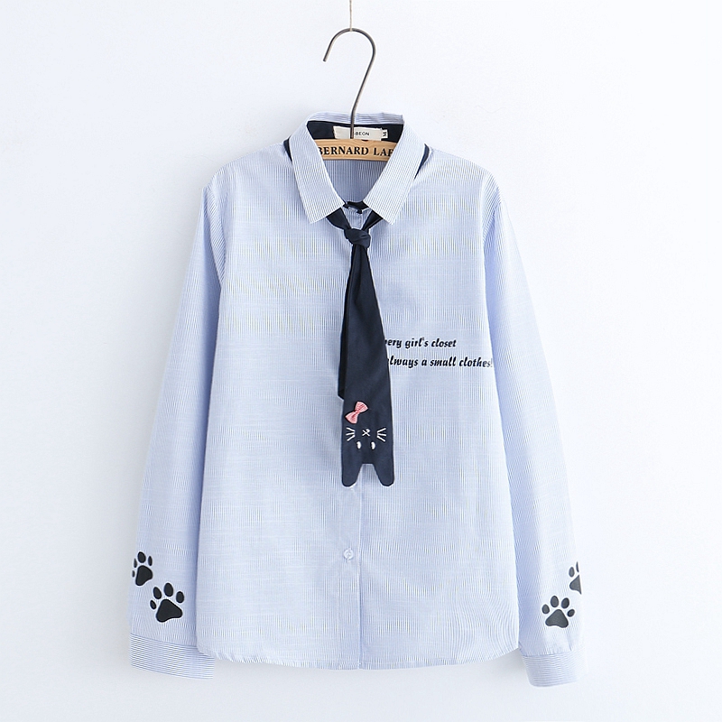 Mori girl cat tie áo dài tay sọc nữ mềm mại nữ sinh viên sơ mi hoang dã áo sơ mi 2019 xuân mới áo sơ mi loang