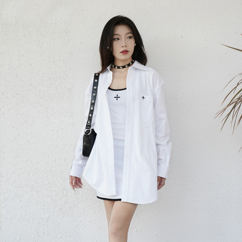 Cross Flower Shirt Yu Wenwen's Same Style Flower of the Night Shirt Jacket Black and White Women's Embroidered Loose Retro Thin Outwear