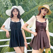 Summer swimsuit women polyester beach Conservative belly thin split two-piece skirt flat angle small chest gathering swimsuit