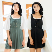 Swimwear womens summer beach conservative polyester belly thin one-piece skirt flat angle small chest gathering holiday swimsuit