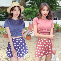 Summer swimsuit womens new beach Conservative belly thin split two-piece skirt flat angle small chest gathering swimsuit