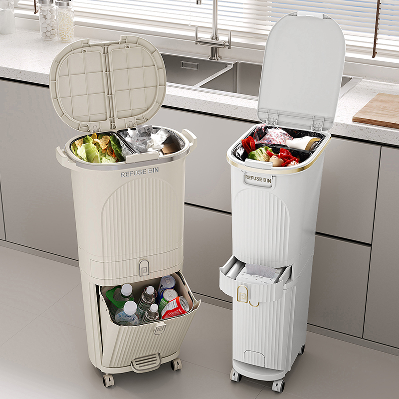 High-Style Movable Kitchen Trash Can, No-Bending Gap-Free Design, Two-In-One Dry and Wet Separation Food Waste Bin