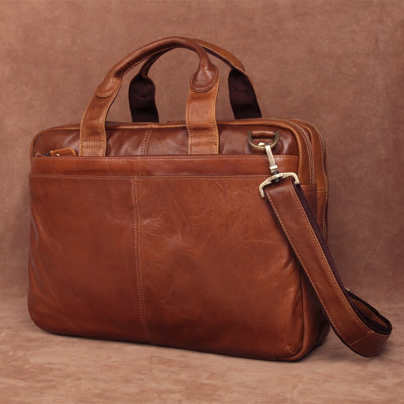 Original first layer cowhide men's bag business briefcase handmade leather double zipper portable shoulder bag 15 inch computer bag