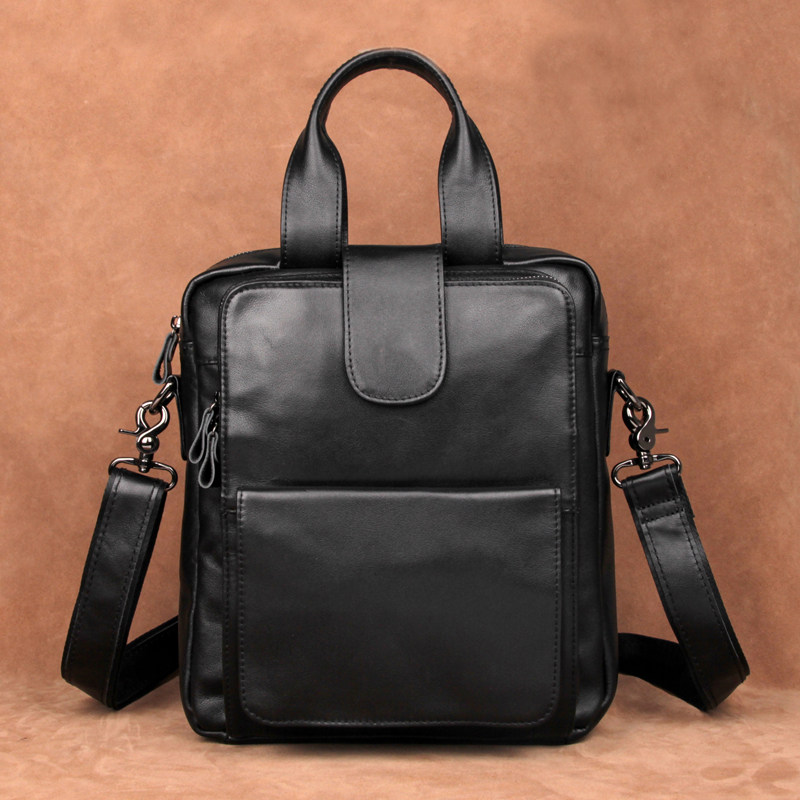 First layer leather small handbag vertical shoulder bag black leather men's business bag messenger bag 12 inch ipad bag