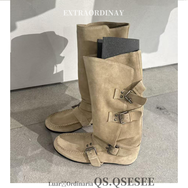 Sheepskin Version! Retro-Style Belt Buckle Riding Boots for Women, Round Toe, Slimming Za Boots, Women's Long Boots, Low Flat Long Boots