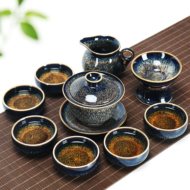 Jingdezhen kung fu tea set suit household ceramics building red glaze, a complete set of contracted lid bowl of tea cups