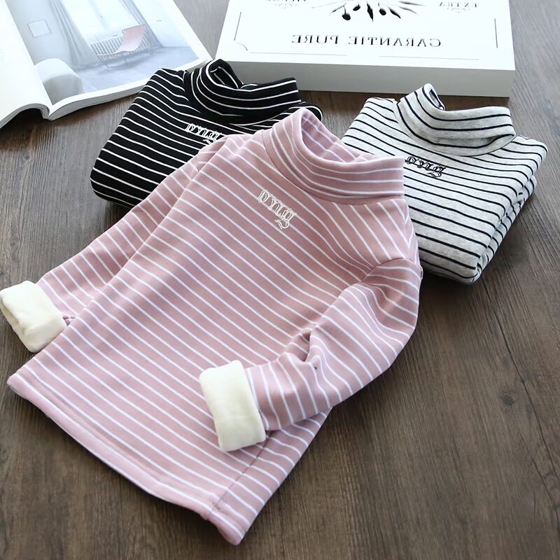 Mùa đông bé gái cotton cộng với nhung cao cổ áo sọc đáy áo trẻ em thư đầu ấm áo thun mùa thu quần áo trẻ con