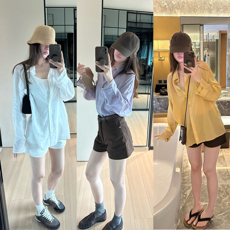 La 55% Ramie, as Thin as a Cicada's Wings, Oversize Loose Fit Purple/White/Yellow Lapel Shirt 31226