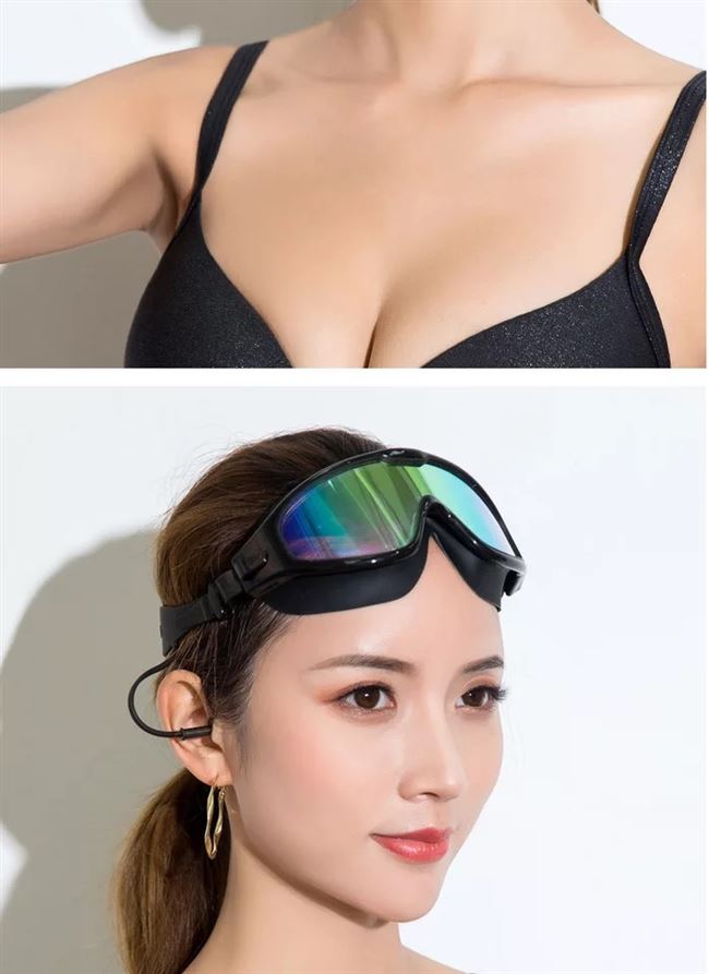 Kính bơi khung lớn dành cho người lớn nam và nữ có ánh sáng phẳng một miếng nút tai mạ tích hợp kính bơi HD chống nước và chống sương mù - Goggles