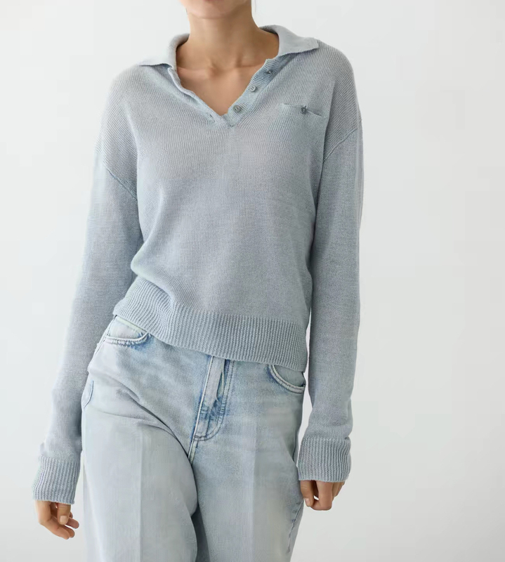 Md790, 100% Linen Women's Urban Casual Polo Collar Long-Sleeved Pure Linen Knitwear in Solid Color Md790, 100% Linen Women's Urban Casual Polo Collar Long-Sleeved Pure Linen Knitwear in Solid Color