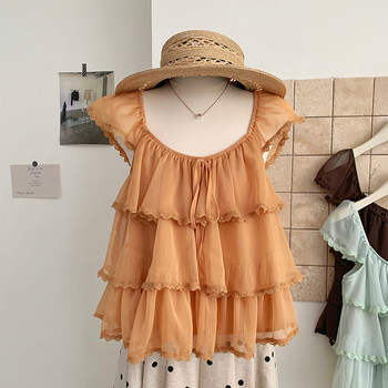 Huahuajia korean style sweet square neck tie ruffled small flying sleeves chiffon lace shirt for women cake lace top for women