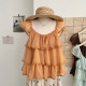Huahuajia Korean style sweet square neck tie ruffled small flying sleeves chiffon lace shirt for women cake lace top for women