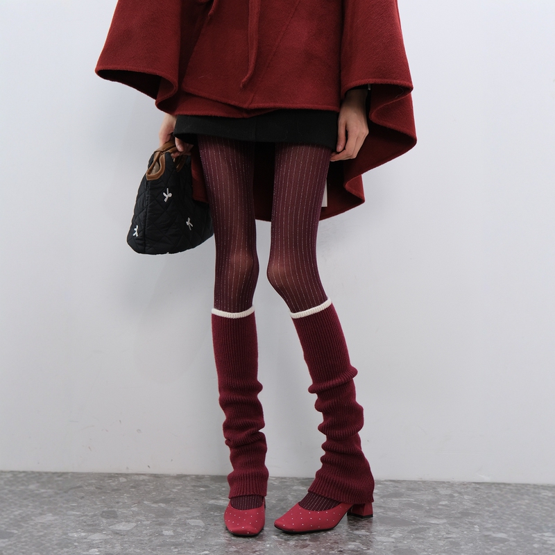 Red Sock Warmers for Women, Color-Blocked Knit Leg Warmers for Winter, Burgundy Tights with Silver Thread Df