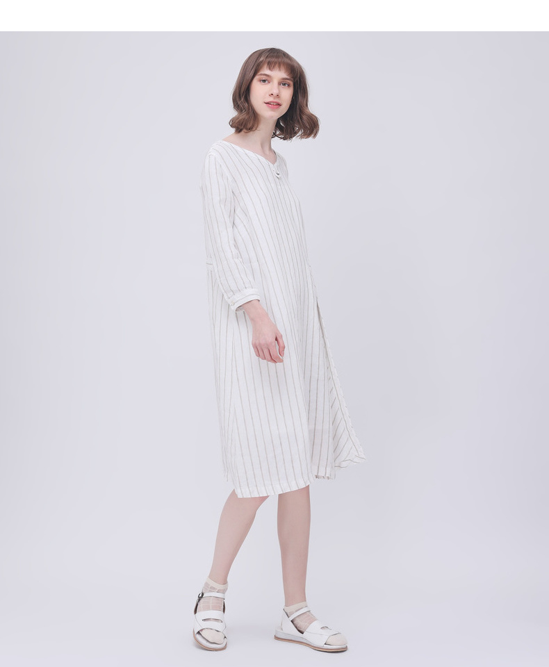 Gumu Xi Yang GMXY2018 phụ nữ mùa hè mới loose-leaf sọc linen dress new mát mẻ mát mẻ váy