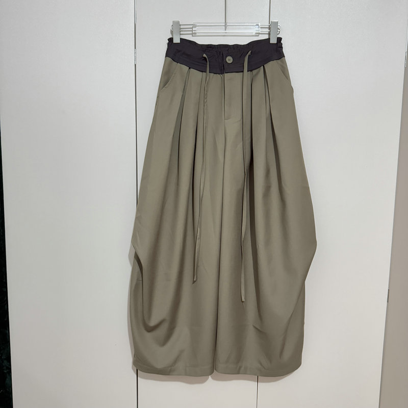 European Style Patchwork Elastic Waist Drawstring Wide-Leg Pants for Women, New Autumn Collection, Drawstring Loose Pleated Color-Block Waist Lantern Pants