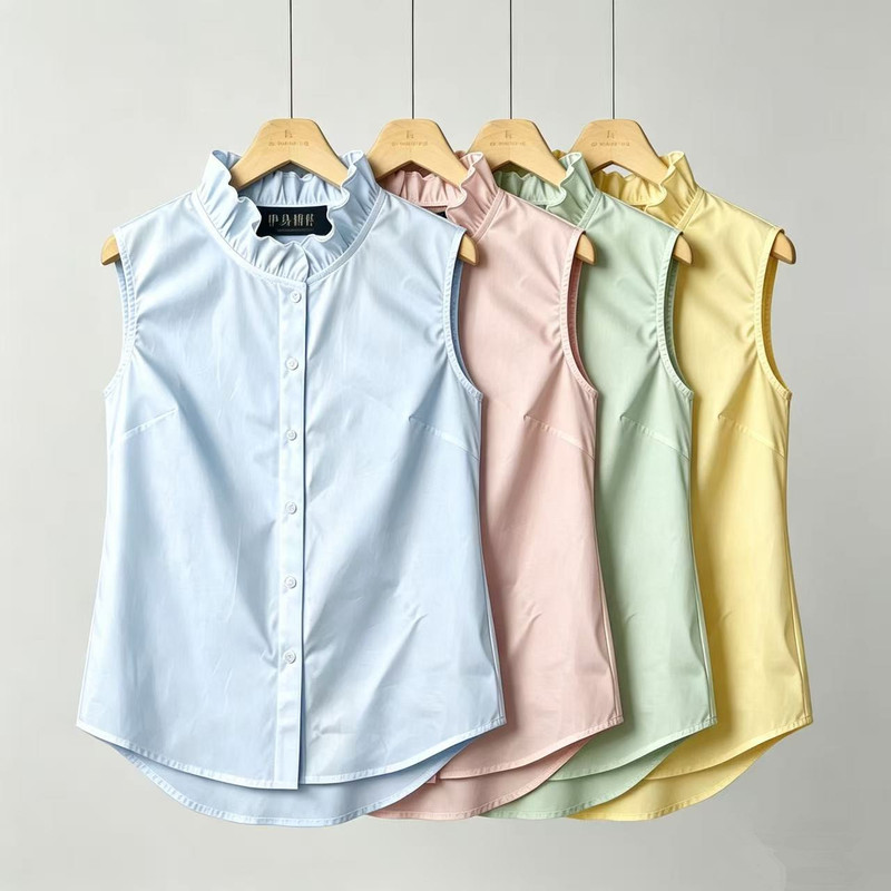Pure Cotton Sleeveless Shirt for Women with Ruffled Stand Collar, Button-Up, Versatile, Slimming, Suitable for Commuting and Layering