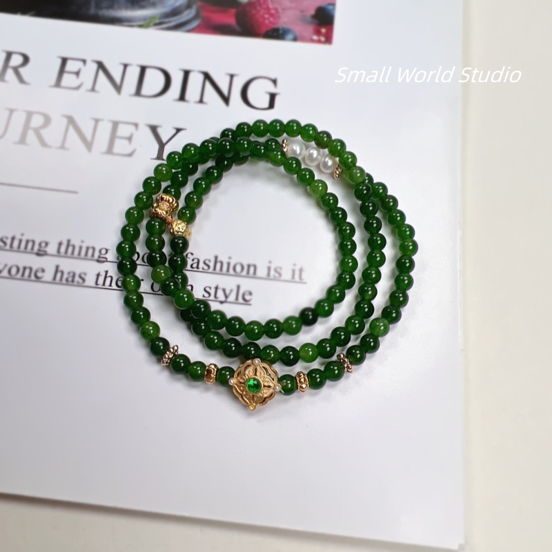 Bracelet, Light Luxury, Niche, Exquisite, Three-Circle Green Aventurine Natural Pearl Bracelet, Exquisite New Style, Retro Green Jewelry