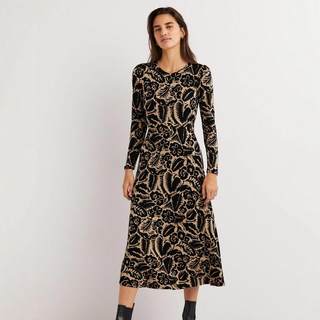 英国单早秋新品舒适人棉圆领长袖印花飘逸优雅连衣裙女有大码