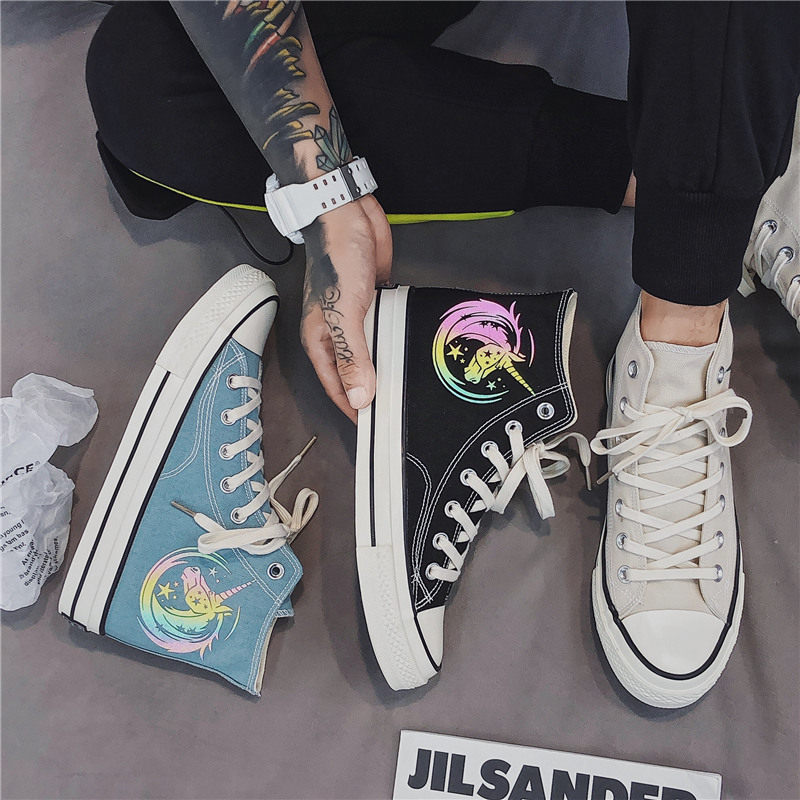 2021 spring new high-top shoes reflective canvas shoes men's trendy student men's shoes unicorn graffiti shoes casual shoes