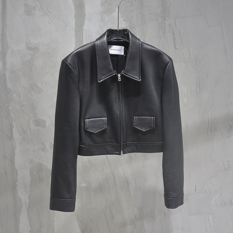 Korean Women's Jacket, Height-Enhancing, Imported from New Zealand, Uncoated Genuine Leather, Short Biker-Style Loose Coat with a Turn-Down Collar