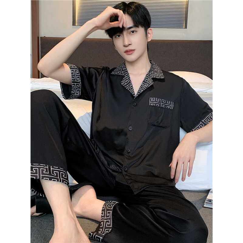 Victoria Pajamas for Men, Summer Black Silk Thin Long-Sleeved Long Pants Short-Sleeved Mulberry Silk Home Wear Set