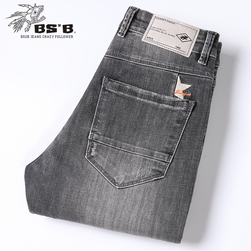 Bs2B Men's Slim Fit Jeans Spring Elastic Casual Pants Gray Zipper Mid-Waist Youth