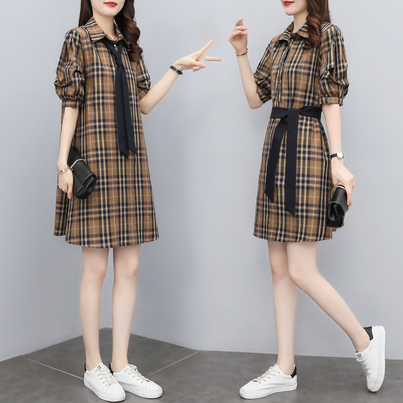 Faahiono Puff Sleeve Dress Women's 2022 Summer Loose and Thin Casual Lace Up Plaid Straight A-Line Skirt