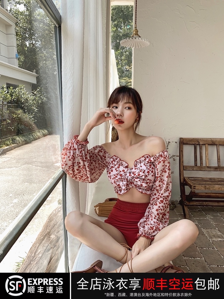 Jinzhu swimsuit women's summer 2021 new cute Japanese student conservative two-piece thin belly cover long-sleeved swimsuit