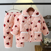 Winter childrens flannel pajama suit three-layer padded thickened childrens crystal velvet warm home clothes for men and women