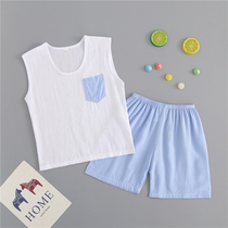 Childrens summer cotton poplin vest shorts set Thin baby casual neutral cotton thick artificial cotton pajamas Home clothes