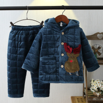 Mens and womens childrens winter hooded warm thickened home clothes Three layers of cotton baby children can open flannel pajamas