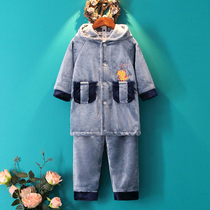 Boys casual hooded mid-length coral velvet home wear suit Boys flannel pajamas Mid-large childrens autumn and winter