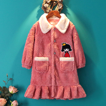 Autumn and winter girls princess wind coral velvet thickened nightgown Flannel cardigan Home dress long section long hair female baby