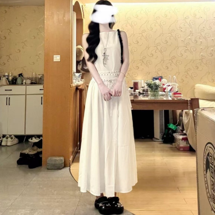 175cm Tall, Hepburn-Style White Vest Dress, Extra Long, Waist-Cinching, Tie-Up, Loose, Slimming, Floor-Length Dress