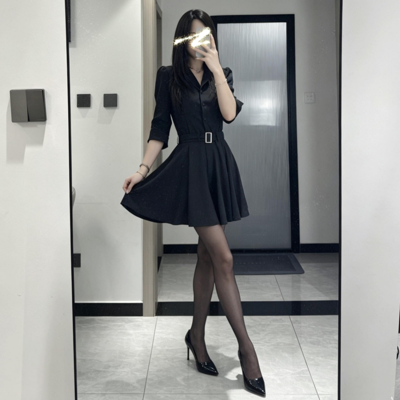 175cm Tall, Long Black High-End Lace-Up Shirt Dress, Slim Fit, Flattering for Long Legs, Three-Quarter Sleeve Short Dress 175cm Tall, Long Black High-End Lace-Up Shirt Dress, Slim Fit, Flattering for Long Legs, Three-Quarter Sleeve Short Dress
