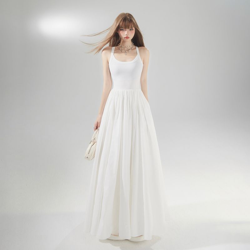 170cm Tall, Extra-Long White Spaghetti Strap Dress with Waist-Cinching and Patchwork Design, Versatile, Puffy, Slim-Fitting, Floor-Length Dress