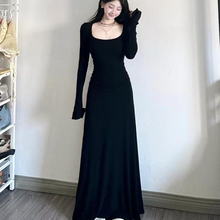 175cm Tall Extra-Long Black Base Dress for Autumn and Winter, 180cm Super-Long Waist-Cinching Slim-Fit Floor-Length Dress for Women