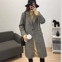 Áo khoác cổ điển hoang dã retro houndstooth phù hợp với áo khoác len nữ mùa thu và mùa đông Phiên bản Hàn Quốc của chiếc áo khoác mỏng giữa dài áo dạ nữ dáng dài hàn quốc