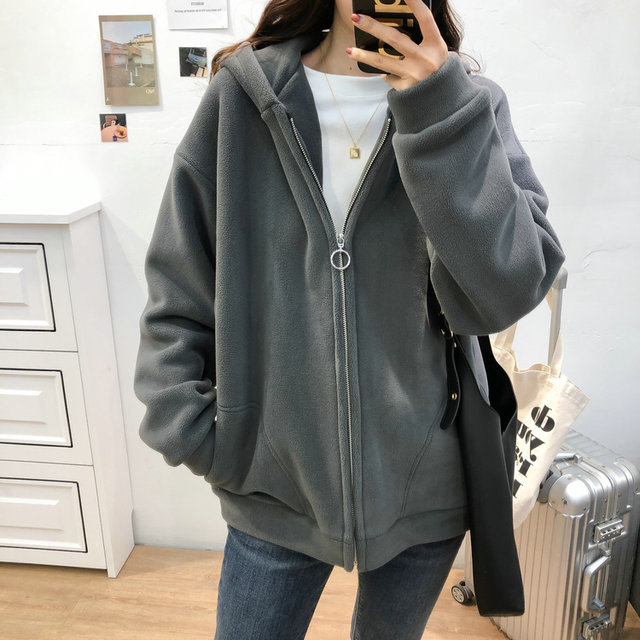 Plush all-match Australian velvet hooded zipper sweater women's autumn and winter Korean version lazy thickened casual plush warm jacket