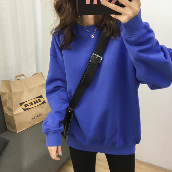 New loose and lazy solid color round neck pullover plus velvet sweatshirt for women in autumn and winter slim cotton long-sleeved tops and jackets