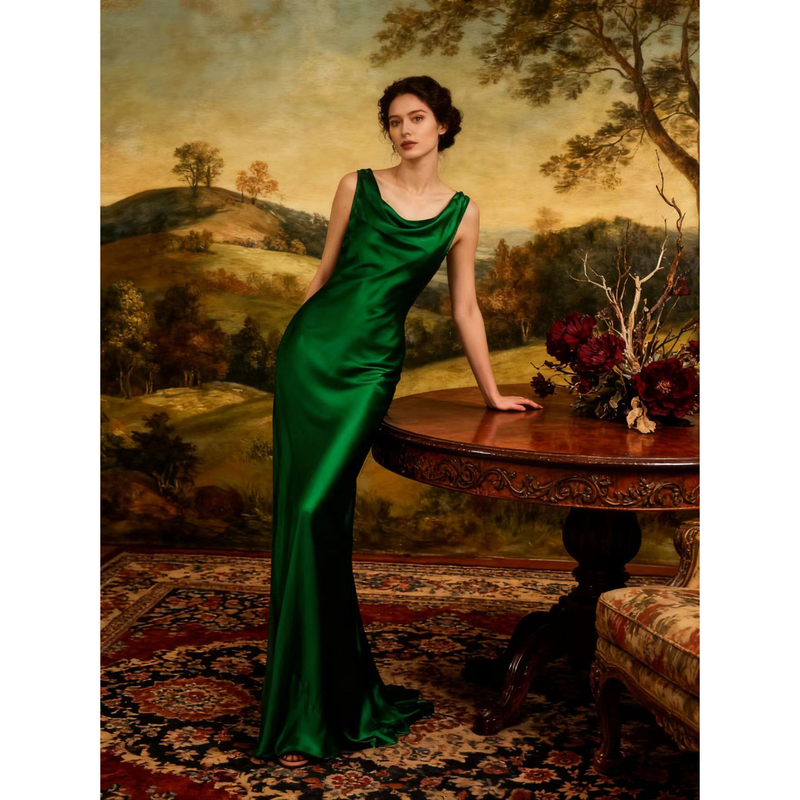 Cicidream Spring New Arrival Emerald Green Mulberry Silk Slim Fit Swing Collar Extra Long Dress Cicidream Spring New Arrival Emerald Green Mulberry Silk Slim Fit Swing Collar Extra Long Dress