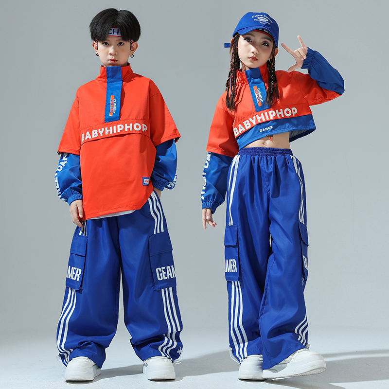 Children's Hip-Hop Street Dance Performance Clothing, Boys' Dopamine Orange Outfit, Blue Pants Set, Cheerleading Performance Clothing
