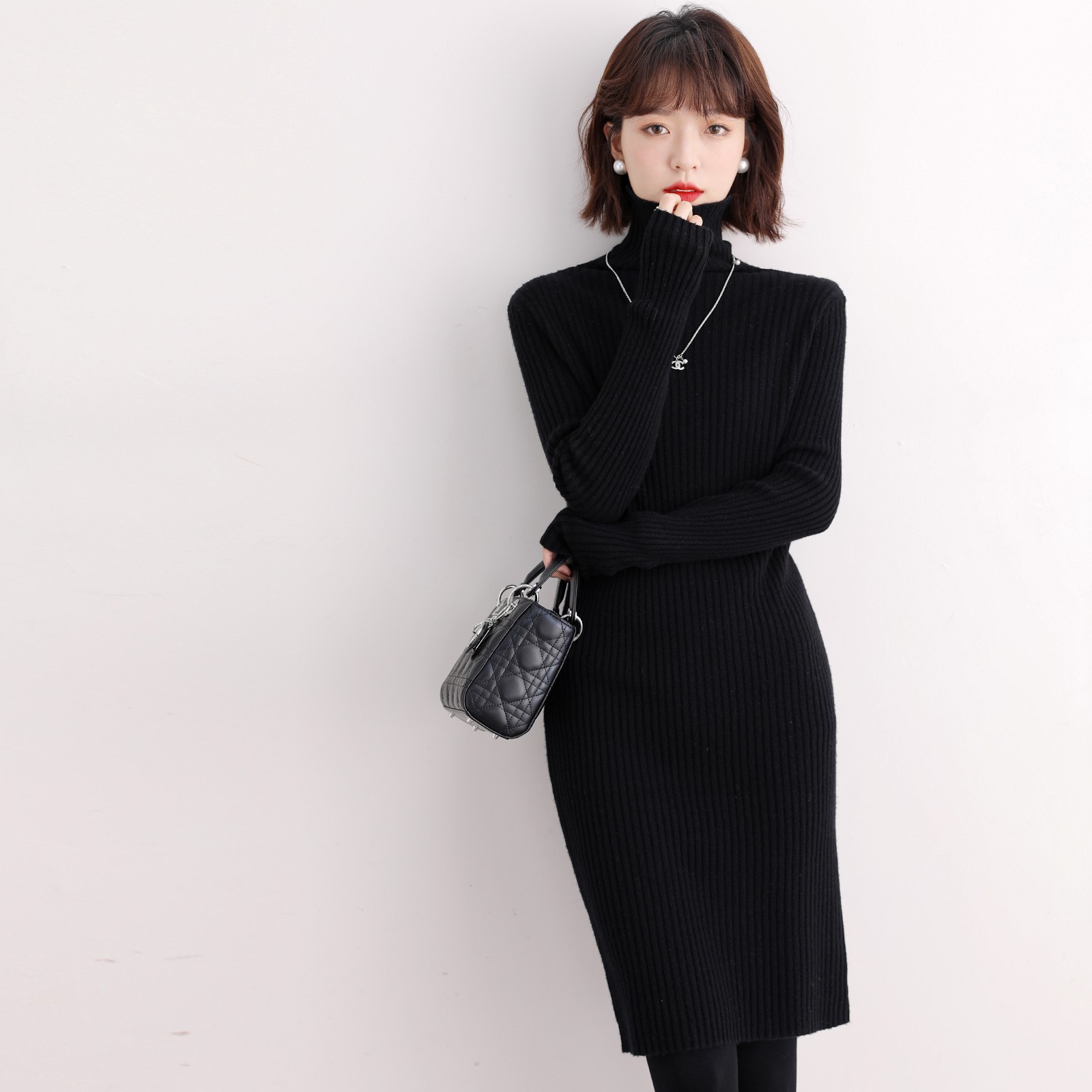 FENPERATE 2021 autumn winter new manicure with cashmere warm black knit high collar one-piece dress