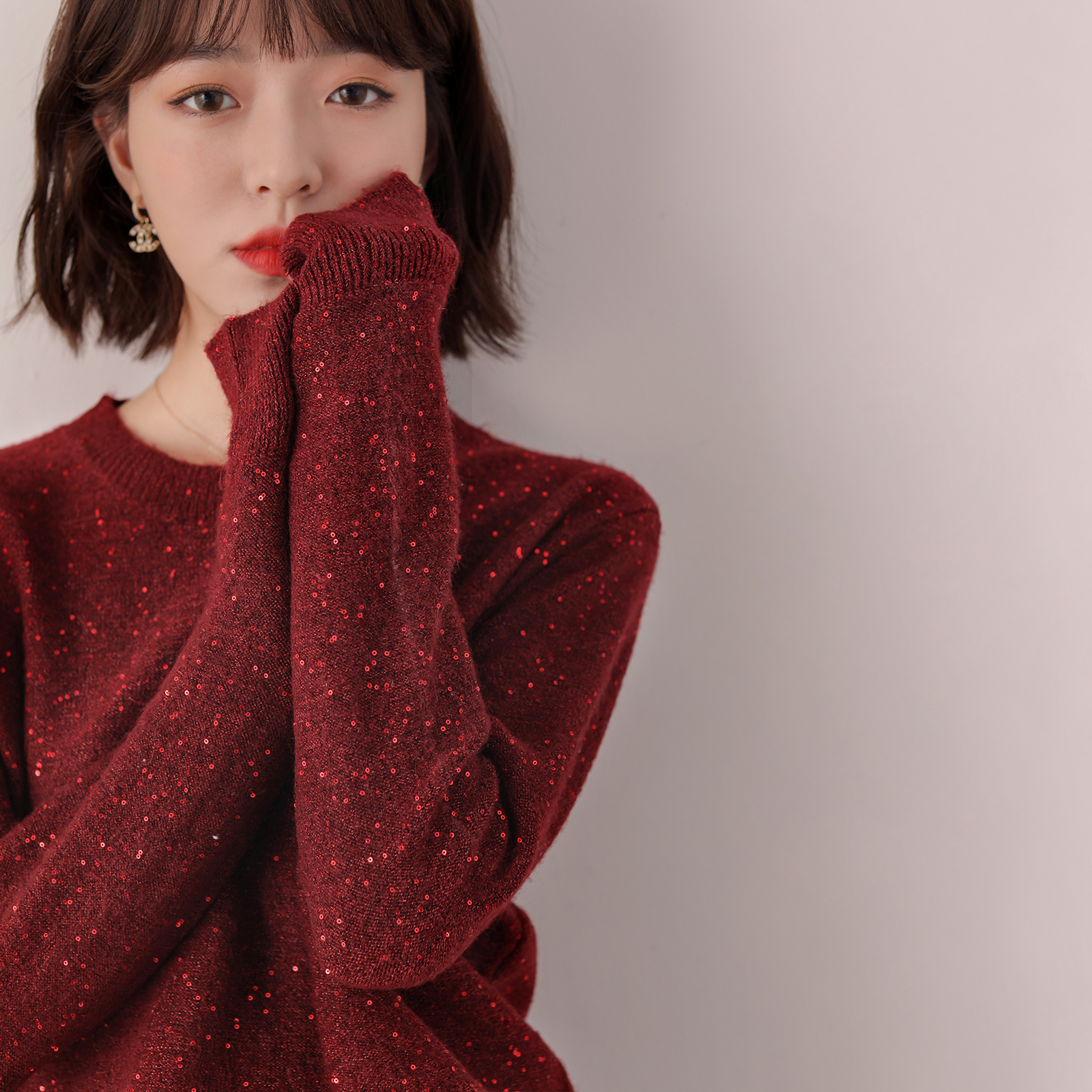 Micro Loose Comfort 22 Years New Spring Red Loose Sleeve Head 100 Hitch Silver Silk Small Crowdknit Woman