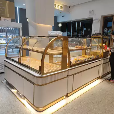 New stainless steel titanium-plated bread cabinet curved glass display cabinet pastry peach crisp solid wood side cabinet custom